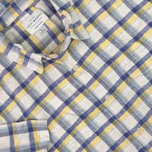Lucky Brand Shirt Mens XL Yellow Blue Plaid Linen Blend Button Front Casual